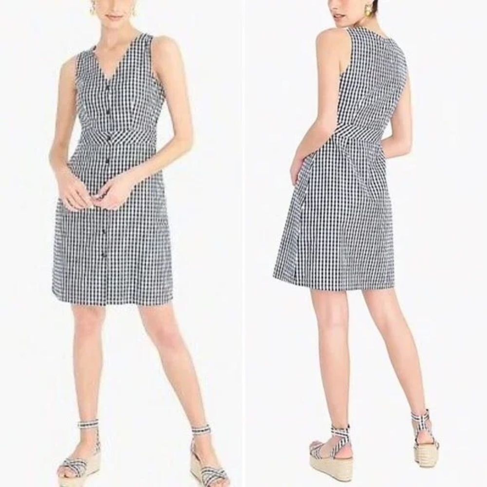 J. Crew V-neck button-front dress in gingham navy and white seersucker size 10